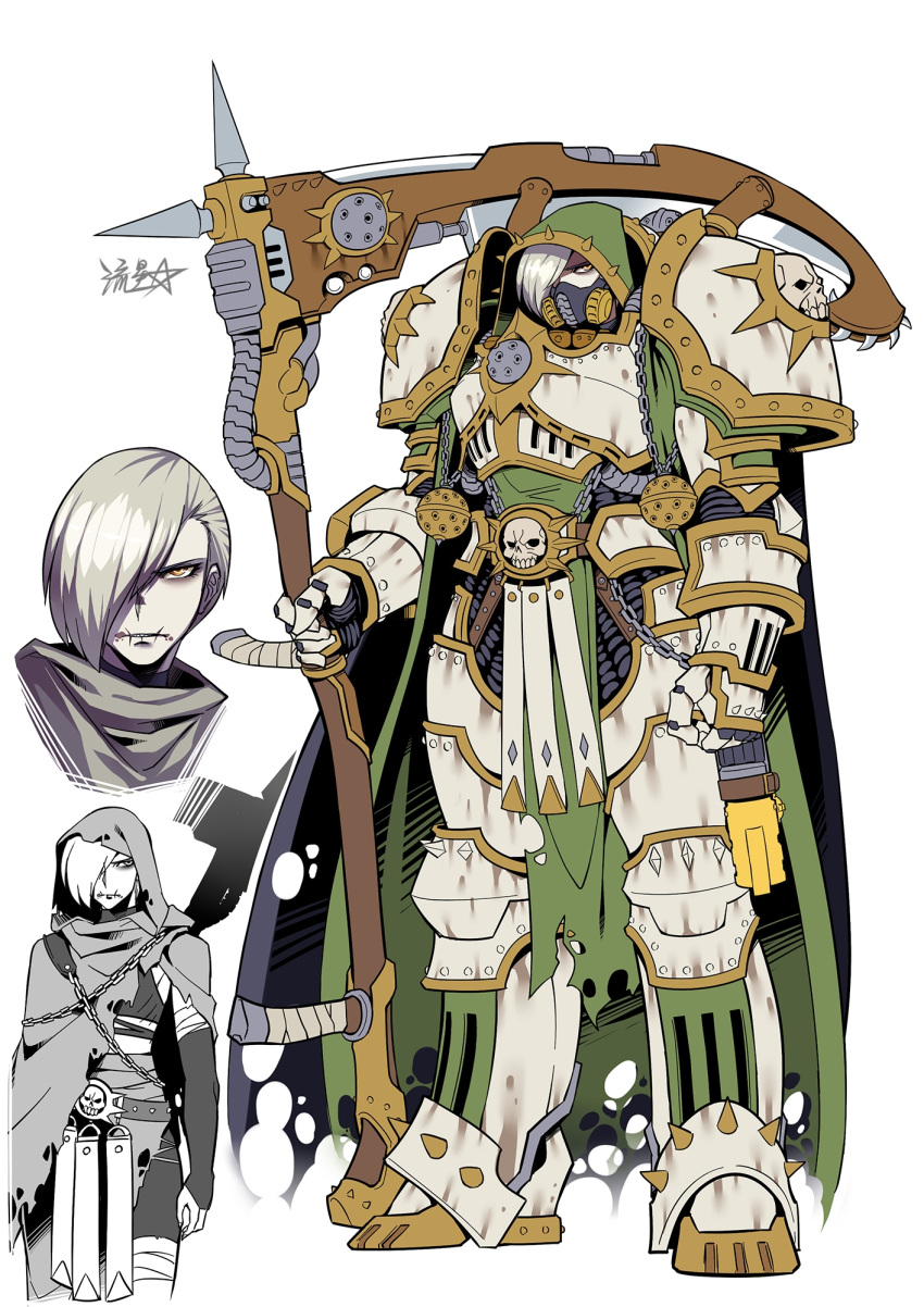 1girl, adeptus_astartes, armor, breastplate, cape, chain, chaos_(warhammer), cloak, death_guard, gauntlets, genderswap, genderswap_(mtf), greaves, hair_over_one_eye, highres, holding, holding_scythe, holding_weapon, hood, incense, mask, mortarion, multiple_views, pale_skin, pauldrons, power_armor, primarch, ryuusei_(mark_ii), scar, scar_on_face, scythe, shoulder_armor, signature, silence_(scythe), skull, solo, spikes, tassel, tunic, warhammer_40k, weapon, white_armor, white_hair, yellow_eyes