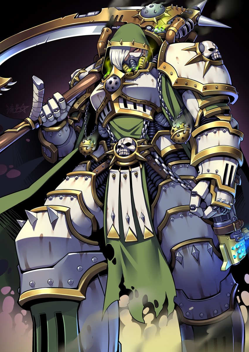 1girl, adeptus_astartes, armor, breastplate, chaos_(warhammer), death_guard, fume, gauntlets