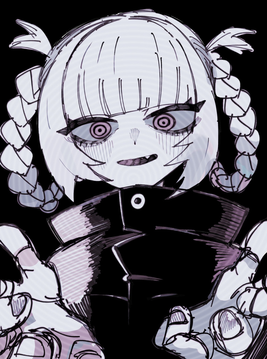 1girl, bangs, black_background, blunt_bangs, braid, chappii_(paon_gunsou), eyepatch, fang