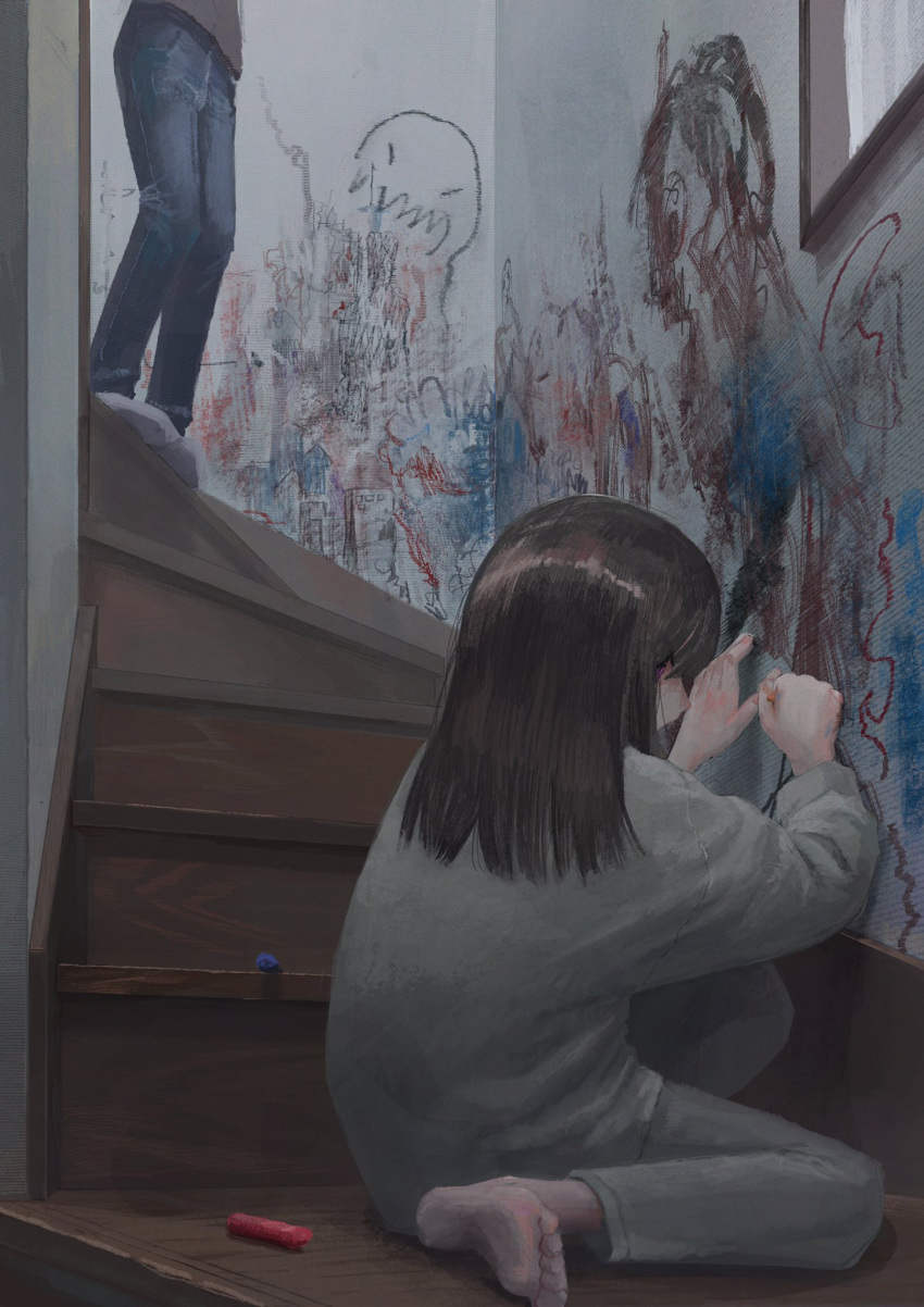 1girl, 1other, barefoot, brown_hair, building, crayon, denim, drawing