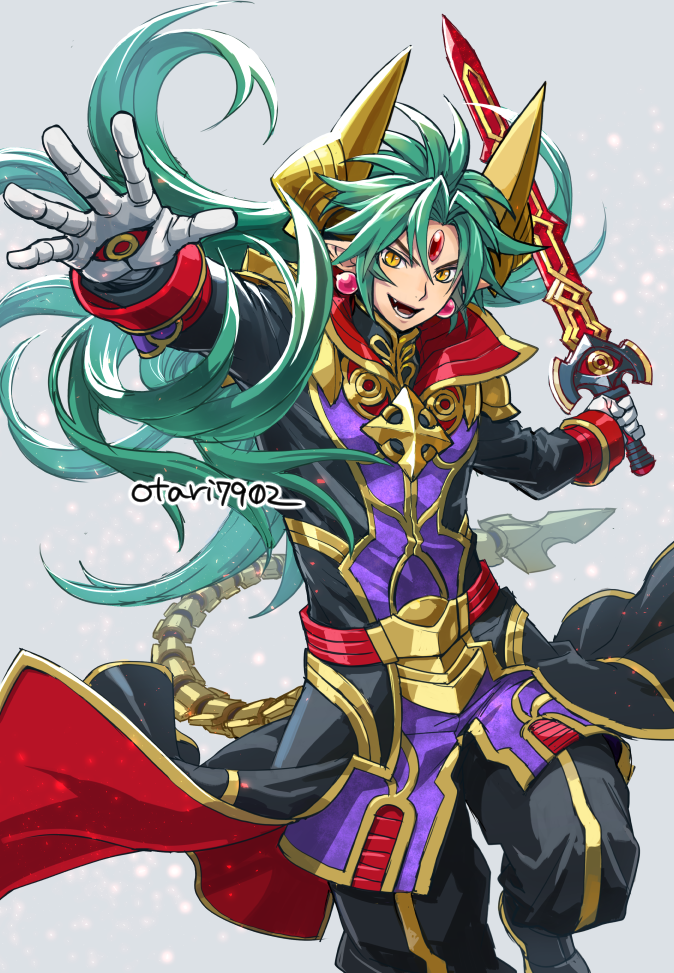 1boy, ark_mateus, belt, earrings, fang, gem, gloves, green_hair
