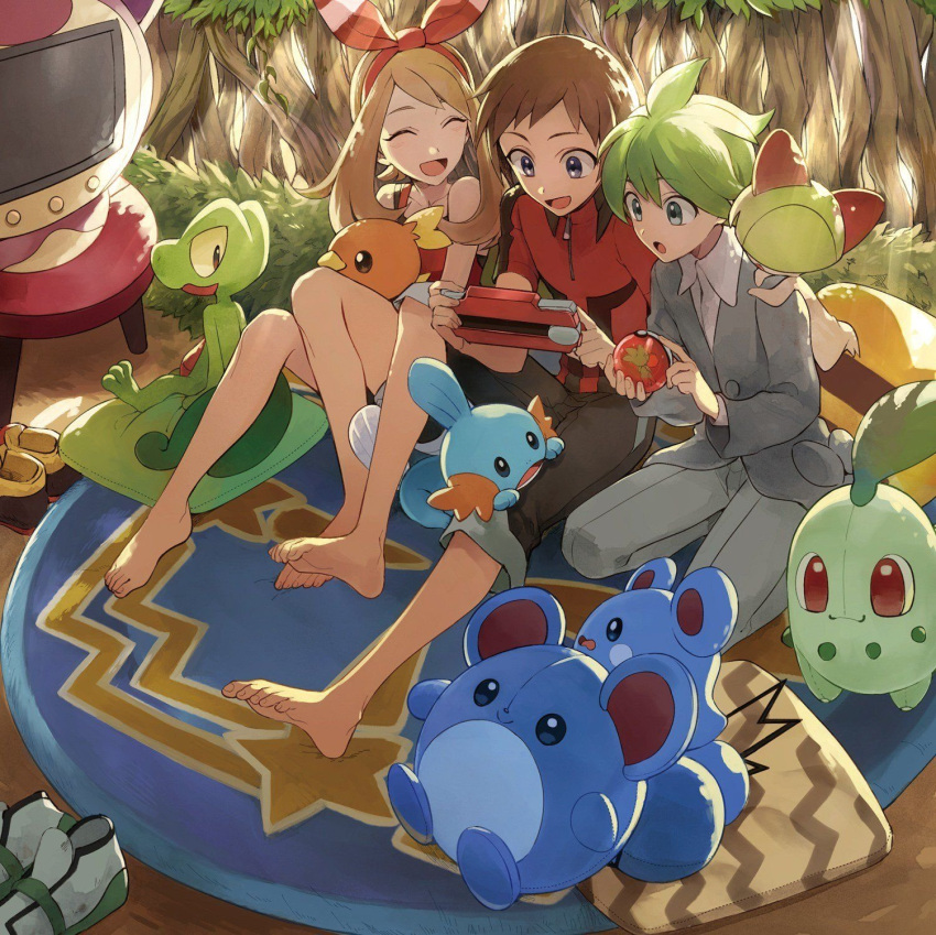 1girl, 2boys, barefoot, brendan_(pokemon), chikorita, closed_eyes, cushion, forest