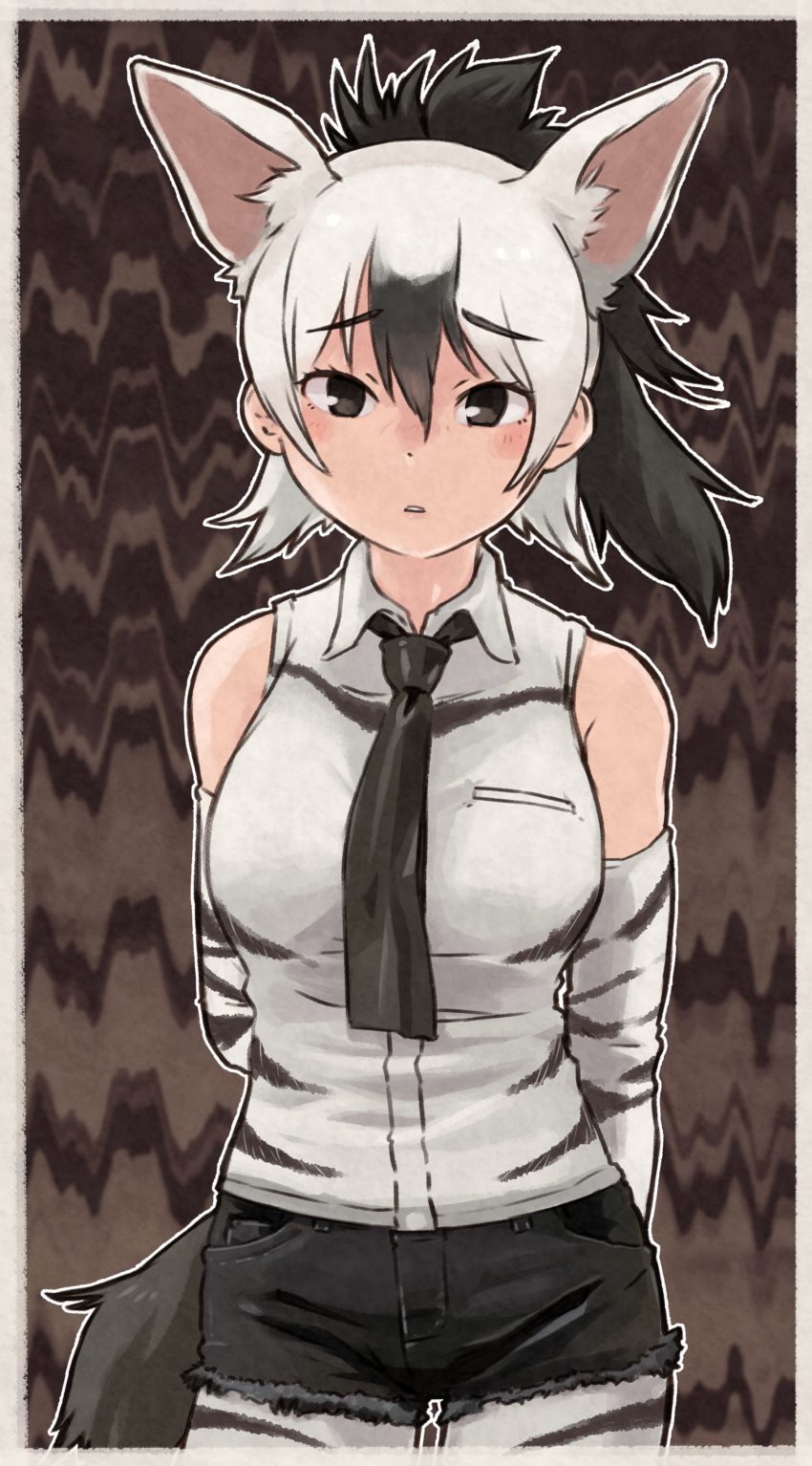 1girl, aardwolf_(kemono_friends), aardwolf_ears, aardwolf_girl, aardwolf_print, aardwolf_tail, absurdres, animal_ears