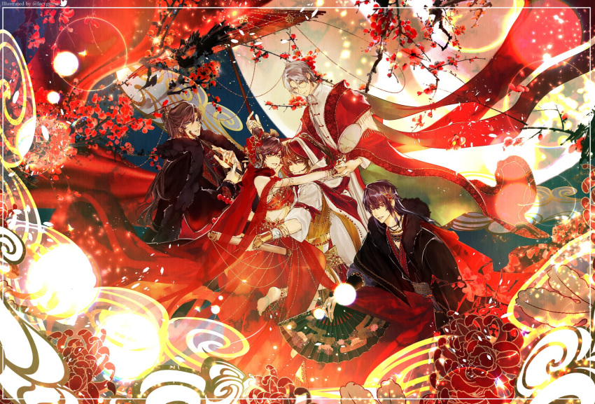 1girl, 4boys, alternate_hairstyle, anniversary, artem_wing_(tears_of_themis), bangs, blue_eyes, branch