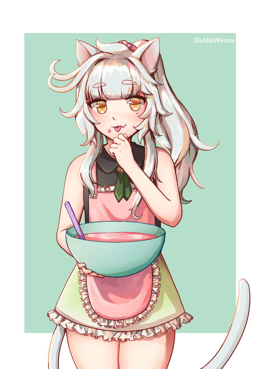 1girl, animal_ears, apron, bare_shoulders, black_shirt, bowl, cat_girl, cooking