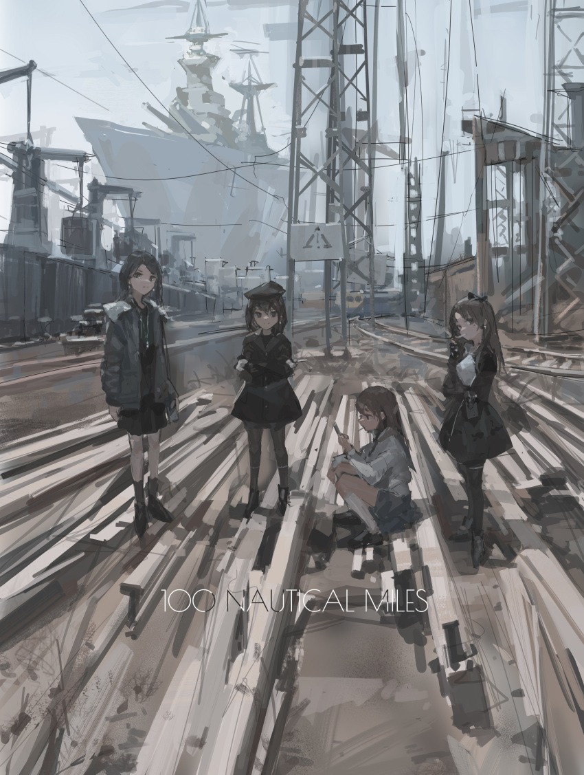 4girls, absurdres, battleship, beret, black_coat, black_hair, blue_jacket, boots, brown_eyes, brown_hair, cigarette, coat, crane_(machine), day, dirt_road, dress, earrings, english_text, expressionless, frown, fur_trim, grey_sky, ground_vehicle, hat, highres, jacket, jewelry, kneehighs, loafers, military, military_vehicle, multiple_girls, necklace, original, outdoors, overcast, pantyhose, phone, power_lines, railroad_tracks, road, school_uniform, shadow, ship, shipyard, shoes, sign, sitting, skirt, smile, smoking, socks, standing, steel_beam, train, truss, warning_sign, warship, watercraft, zygocactus