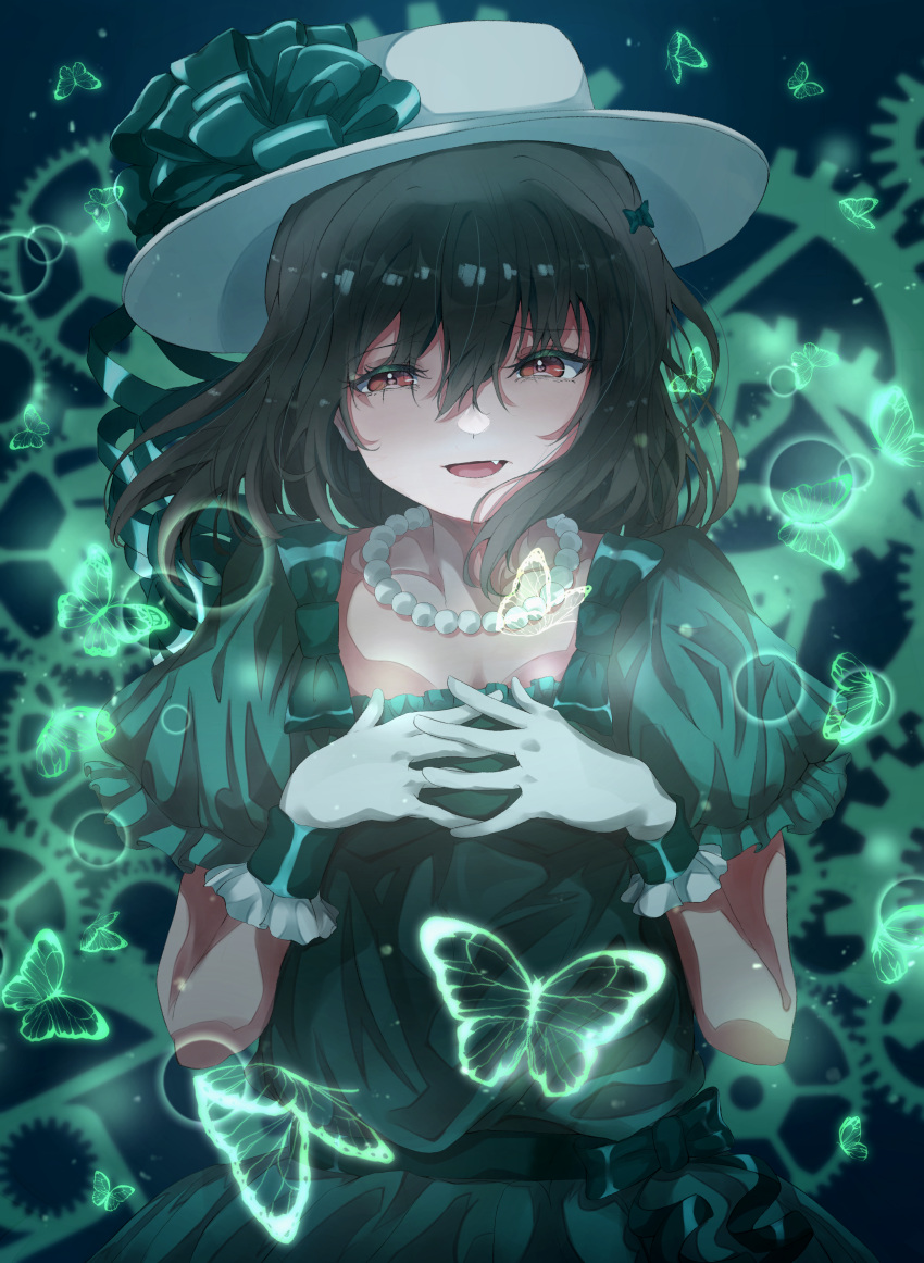 1girl, absurdres, bug, butterfly, commentary, dark_green_hair, dress, emotion_(love_live!)