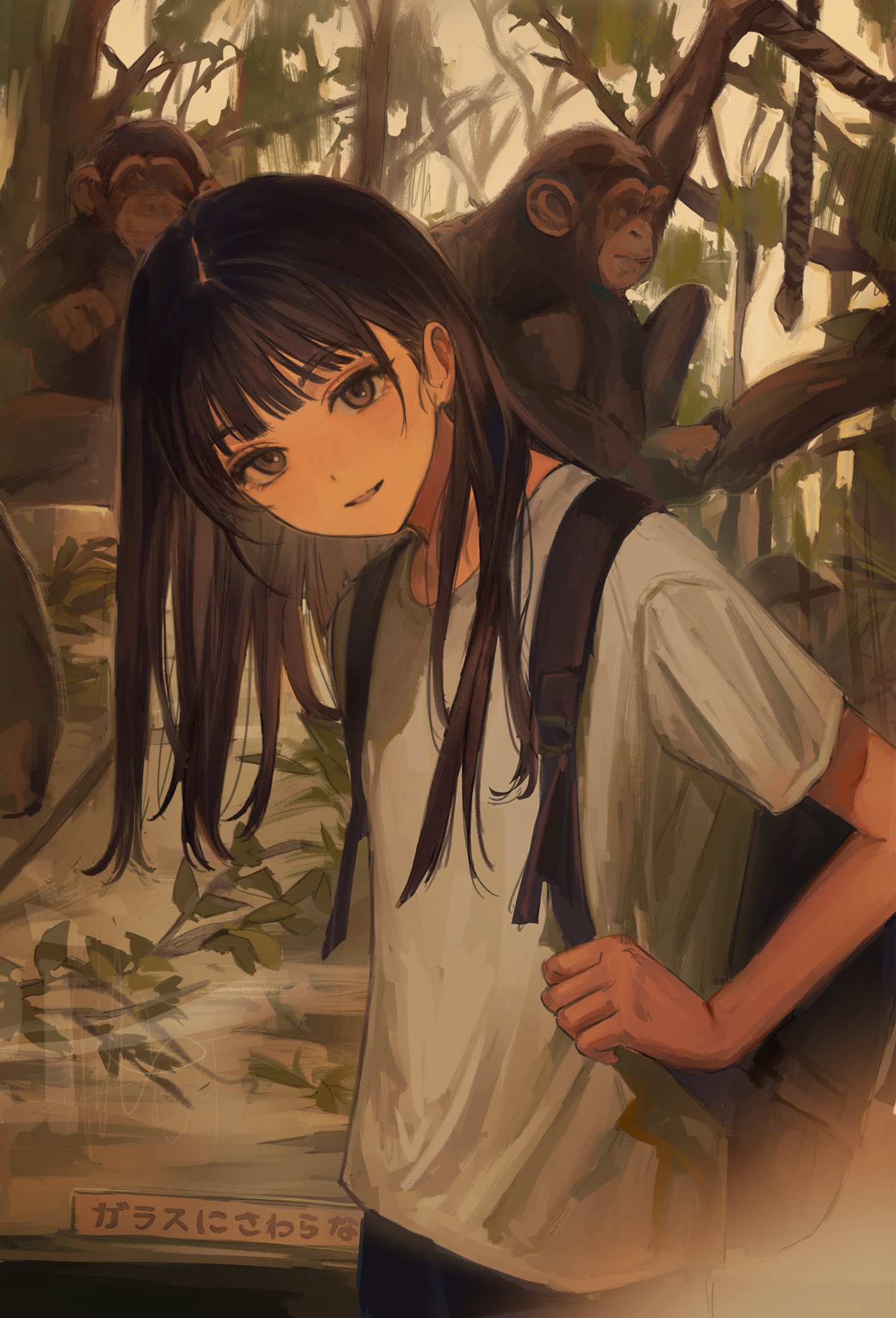 1girl, animal, backpack, bag, bangs, black_bag, branch, brown_eyes