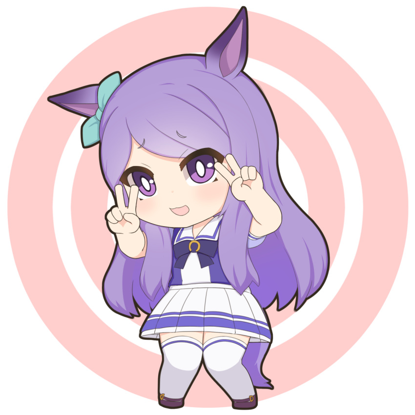 1girl, :d, animal_ears, bangs, bow, bowtie, chibi, double_v