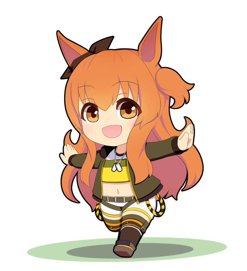 1girl, :d, animal_ears, bomber_jacket, brown_eyes, chibi, crop_top, dog_tags