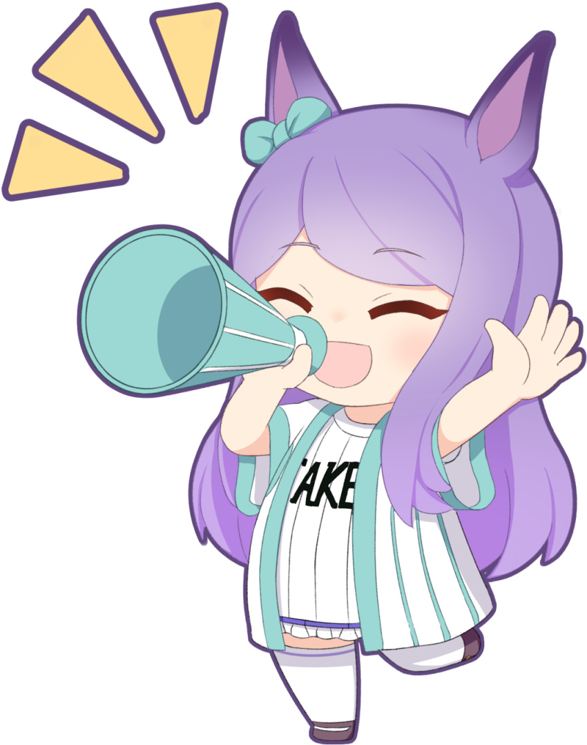 1girl, ^_^, animal_ears, bangs, baseball_uniform, brown_footwear, chibi, closed_eyes