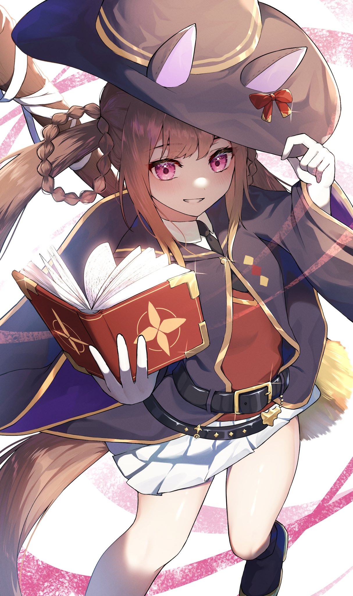 1girl, animal_ears, bangs, belt, black_necktie, black_robe, book, bow