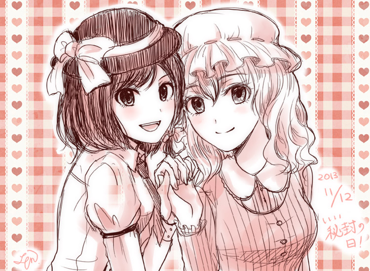 2girls, dress, heart, heart_background, hifuu, len_(meisou), maribel_hearn, polka_dot