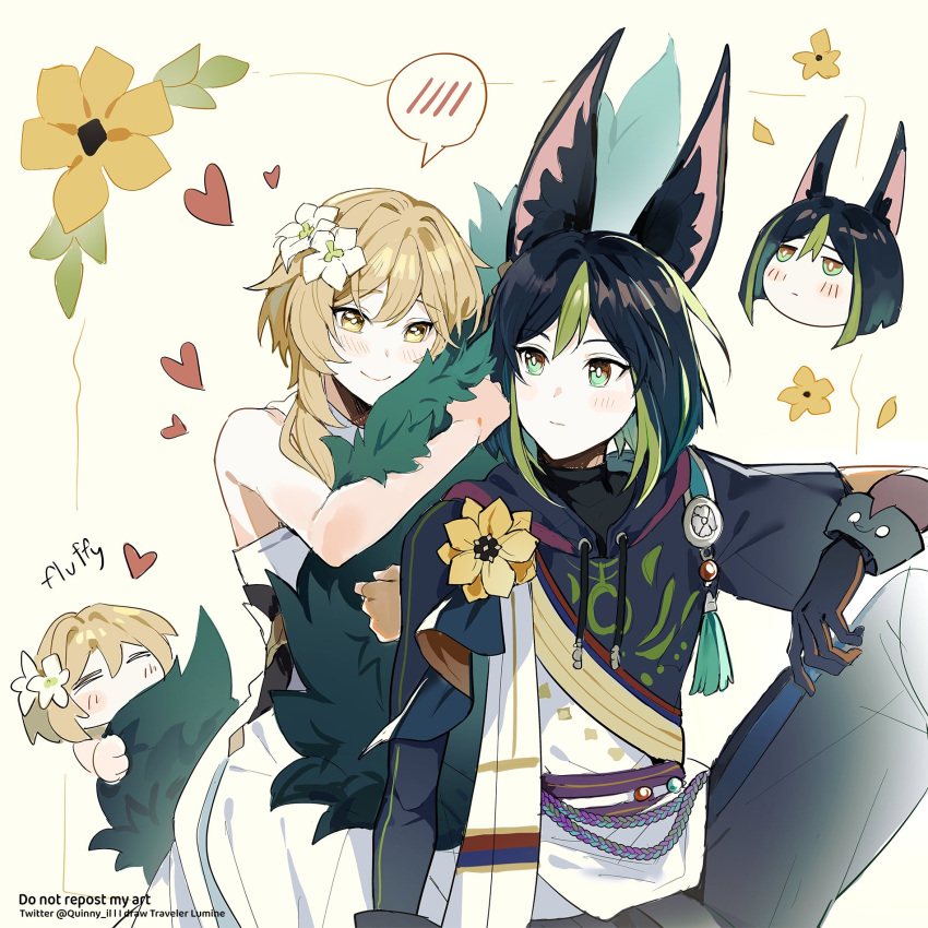 1boy, 1girl, =_=, animal_ear_fluff, animal_ears, bangs, black_hair, blonde_hair