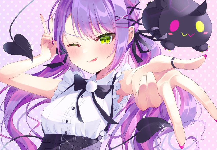 1girl, bibi_(tokoyami_towa), black_ribbon, black_skirt, demon_tail, double_v, dress, ear_piercing, frilled_dress, frills, green_eyes, hair_ornament, hair_ribbon, hairclip, highres, hololive, long_hair, nail_polish, one_eye_closed, piercing, polka_dot, polka_dot_background, pom_pom_(clothes), poyu_(soyokaze1160), purple_hair, ribbon, skirt, suspender_skirt, suspenders, tail, tail_ornament, tail_piercing, tokoyami_towa, twintails, v, virtual_youtuber, white_dress, x_hair_ornament