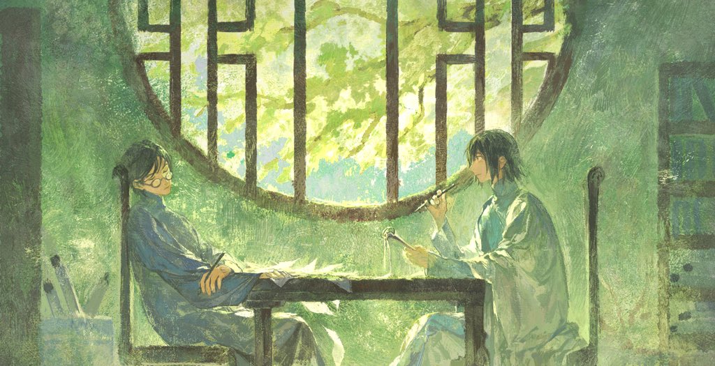 2boys, alannoran, bangs, between_fingers, black_hair, blue_robe, book, branch