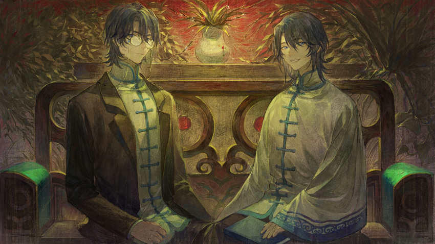 2boys, alannoran, bangs, black_coat, black_hair, black_jacket, black_pants, blood, blue_eyes, book, brothers, chinese_clothes, coat, couch, eyewear_strap, glasses, hair_between_eyes, highres, jacket, lang_mingqi, lang_wei, lapels, long_sleeves, looking_at_viewer, male_focus, multiple_boys, on_couch, pants, plant, short_hair, siblings, sitting, smile, sun_meiqi_mystery, toggles, vase, wide_sleeves