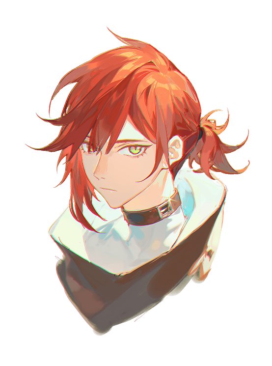 1boy, alannoran, asymmetrical_hair, choker, closed_mouth, downblouse, glint, green_eyes, hair_over_one_eye, high_collar, looking_at_viewer, male_focus, original, ponytail, portrait, redhead, simple_background, single_sidelock, solo, turtleneck, white_background