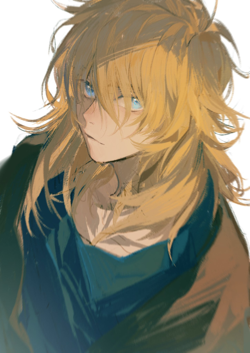 1boy, alannoran, bangs, black_jacket, blonde_hair, blue_eyes, blue_shirt, blush
