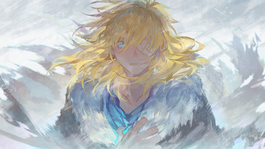 1boy, alannoran, bandage_over_one_eye, bandages, bangs, black_coat, blonde_hair, blue_eyes