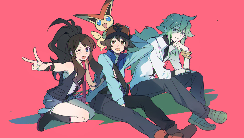 1girl, 2boys, ;d, bangle, bangs, black_vest, blue_eyes, blue_jacket