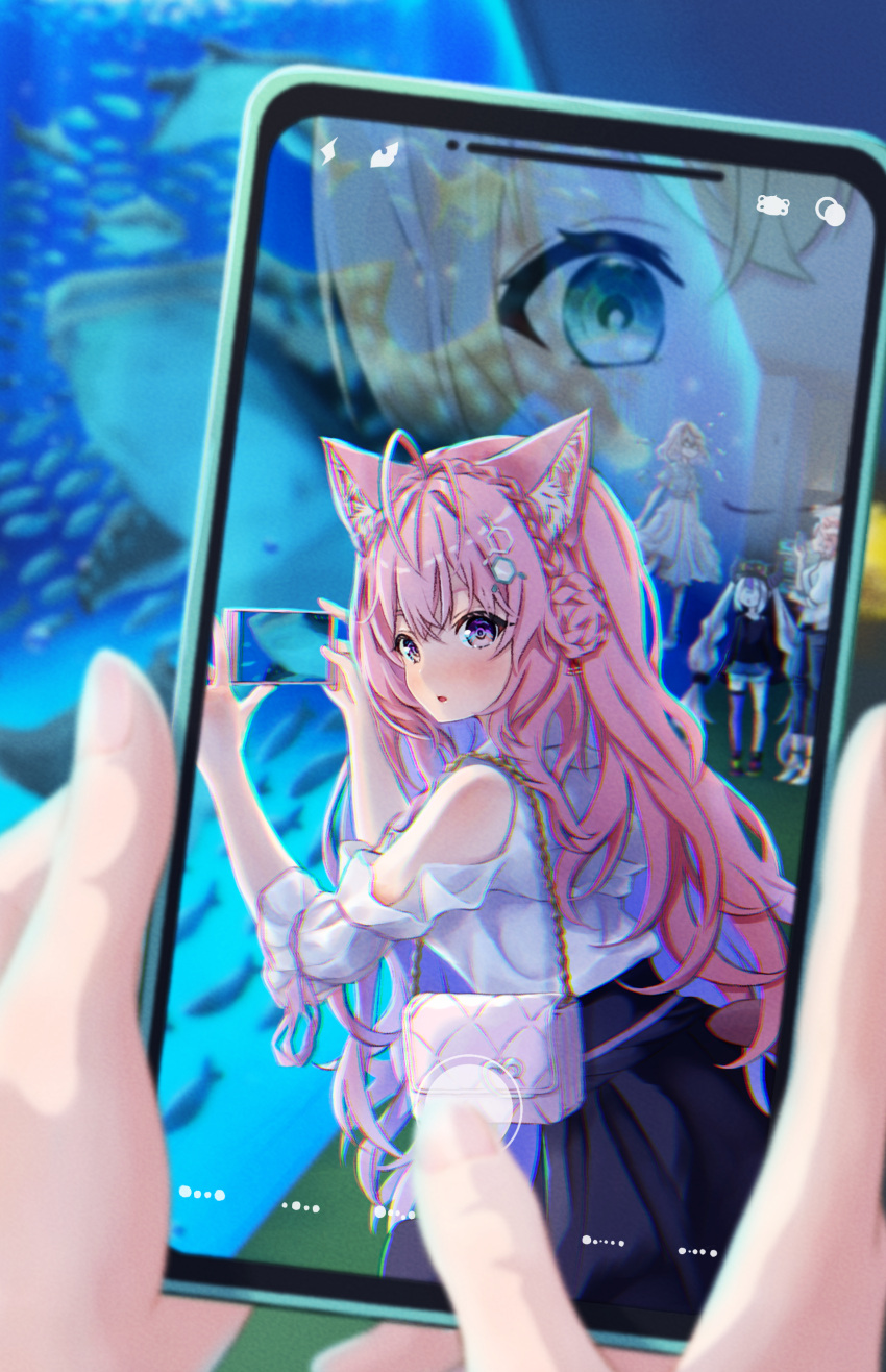5girls, absurdres, animal_ear_fluff, antenna_hair, aquarium, blonde_hair, braid, casual, cellphone, clothing_cutout, coyote_ears, coyote_girl, crown_braid, demon_girl, demon_horns, green_eyes, hakui_koyori, highres, holding, holding_phone, hololive, holox, horns, howaito_gyuunyuu, kazama_iroha, la+_darknesss, long_hair, looking_at_viewer, multicolored_hair, multiple_girls, open_mouth, phone, pink_hair, reflection, sakamata_chloe, short_hair, shoulder_cutout, single_thighhigh, smartphone, streaked_hair, striped_horns, takane_lui, taking_picture, thigh-highs, violet_eyes, virtual_youtuber