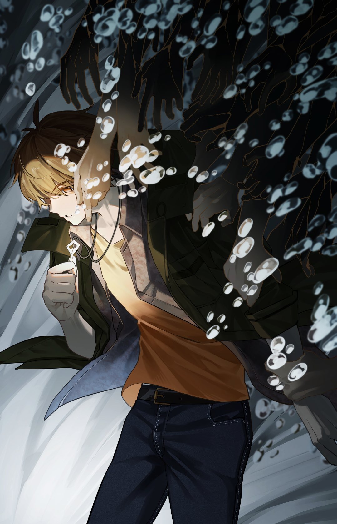 1boy, 6+others, bangs, blue_pants, brown_eyes, brown_hair, denim, glowing