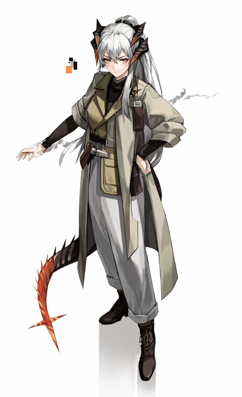 1girl, absurdres, arknights, black_footwear, black_shirt, boots, brown_shirt, ctpt9r, dragon_girl, dragon_horns, dragon_tail, full_body, grey_hair, grey_jacket, grey_pants, hair_between_eyes, highres, horns, jacket, long_sleeves, looking_at_viewer, open_clothes, open_jacket, orange_eyes, pants, saria_(arknights), shadow, shirt, simple_background, solo, standing, tail, undershirt, v-shaped_eyebrows, white_background
