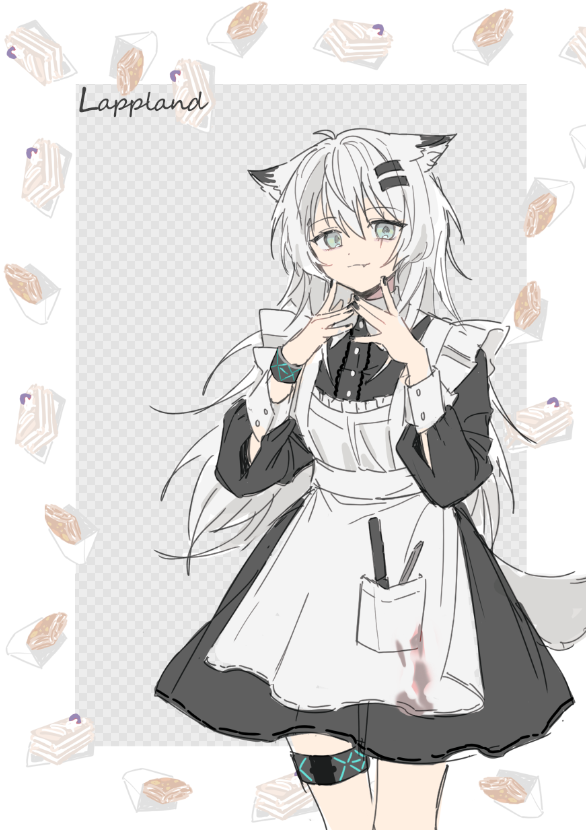 1girl, alternate_costume, animal_ears, apron, arknights, black_dress, black_nails, black_wristband