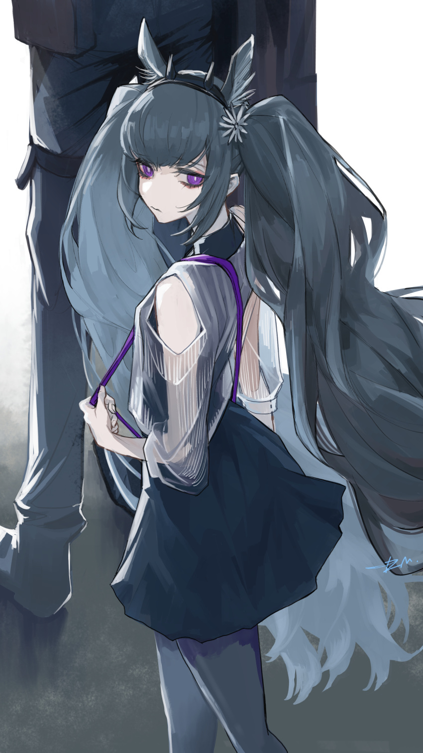 1boy, 1girl, absurdres, animal_ears, arknights, black_dress, black_hair, black_pantyhose