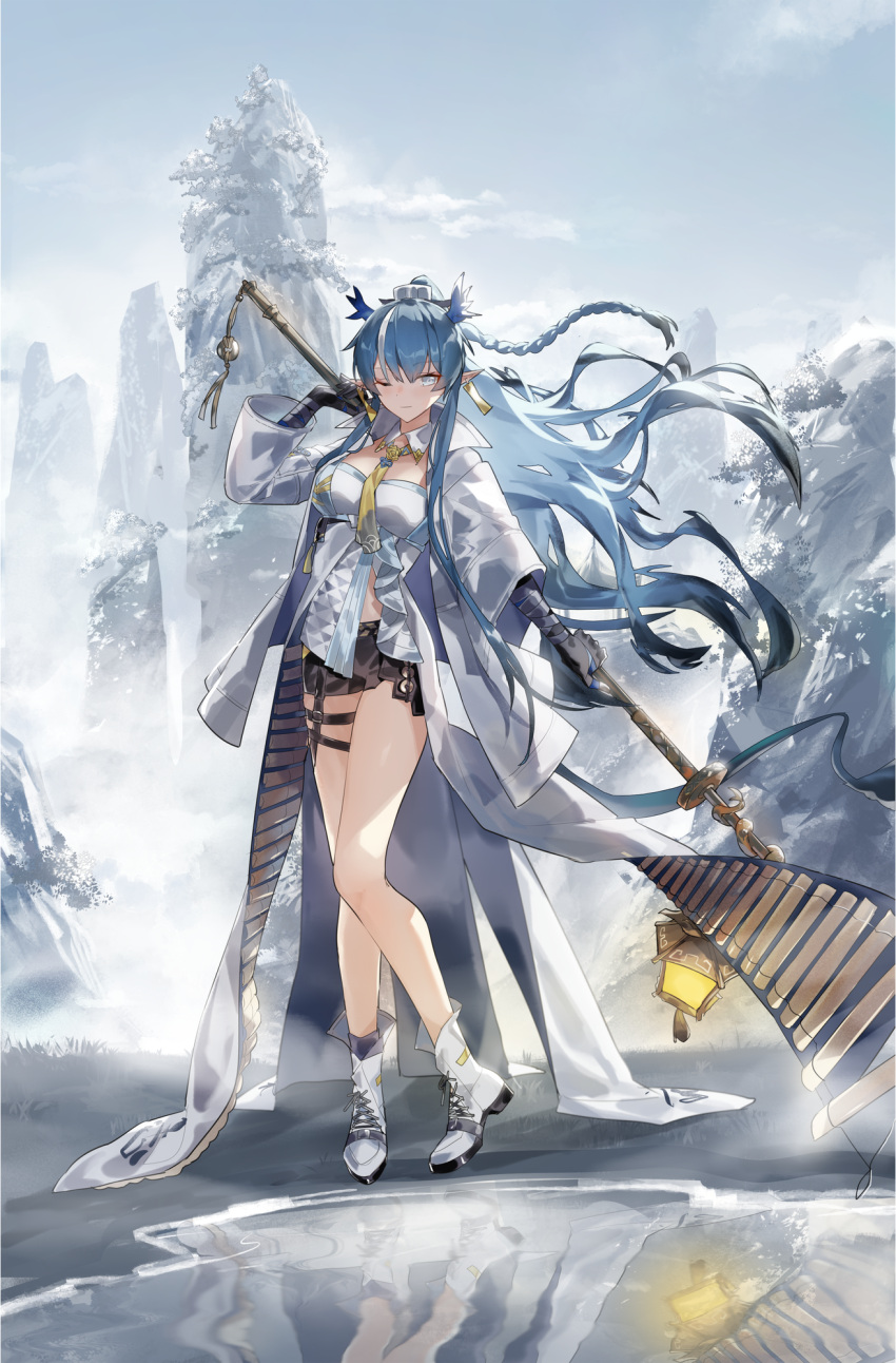 1girl, ;), ankle_boots, arknights, arm_up, bare_legs, black_gloves, black_hair