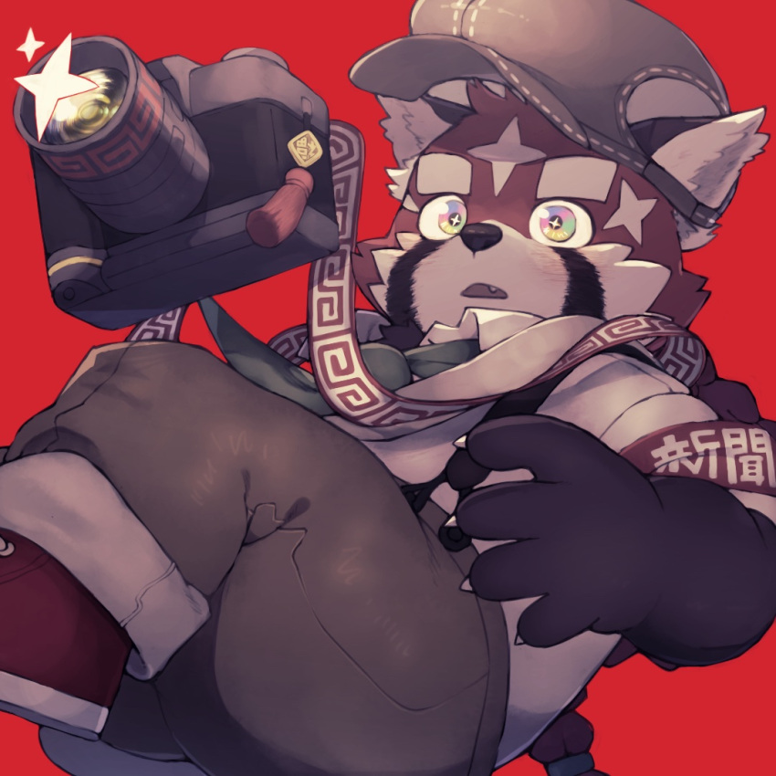 1boy, braid, brown_fur, camera, fang, fang_out, feet_out_of_frame, furry