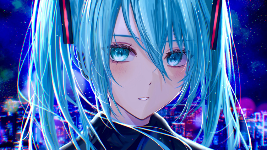 1girl, aqua_eyes, aqua_hair, garan_(garan0502), hatsune_miku, highres, long_hair, looking_at_viewer, night, smile, solo, twintails, vocaloid