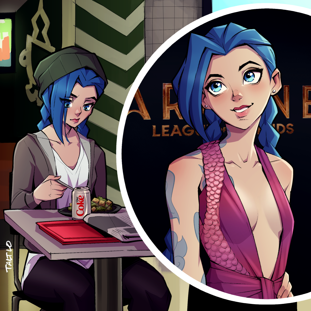 1girl, arcane:_league_of_legends, beanie, blue_hair, braid, can, casual, celebrity