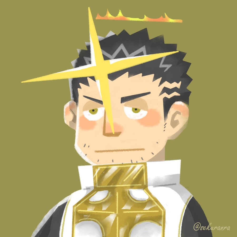 1boy, black_hair, blush, blush_stickers, chibi, expressionless, facial_hair, flaming_halo
