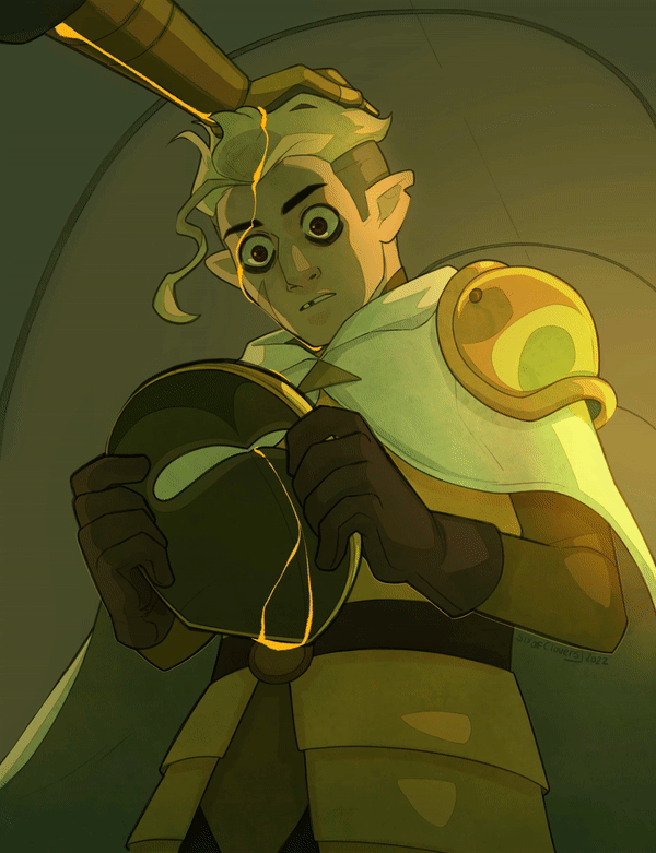 2boys, animated, animated_gif, armor, blonde_hair, brown_gloves, cloak, emperor_belos, gloves, holding, holding_mask, hunter_(the_owl_house), looking_down, male_focus, mask, multiple_boys, notched_ear, out_of_frame, pointy_ears, red_eyes, scar, scar_on_cheek, scar_on_face, shoulder_armor, sixofclovers, teenage, the_owl_house, tooth_gap, white_cloak