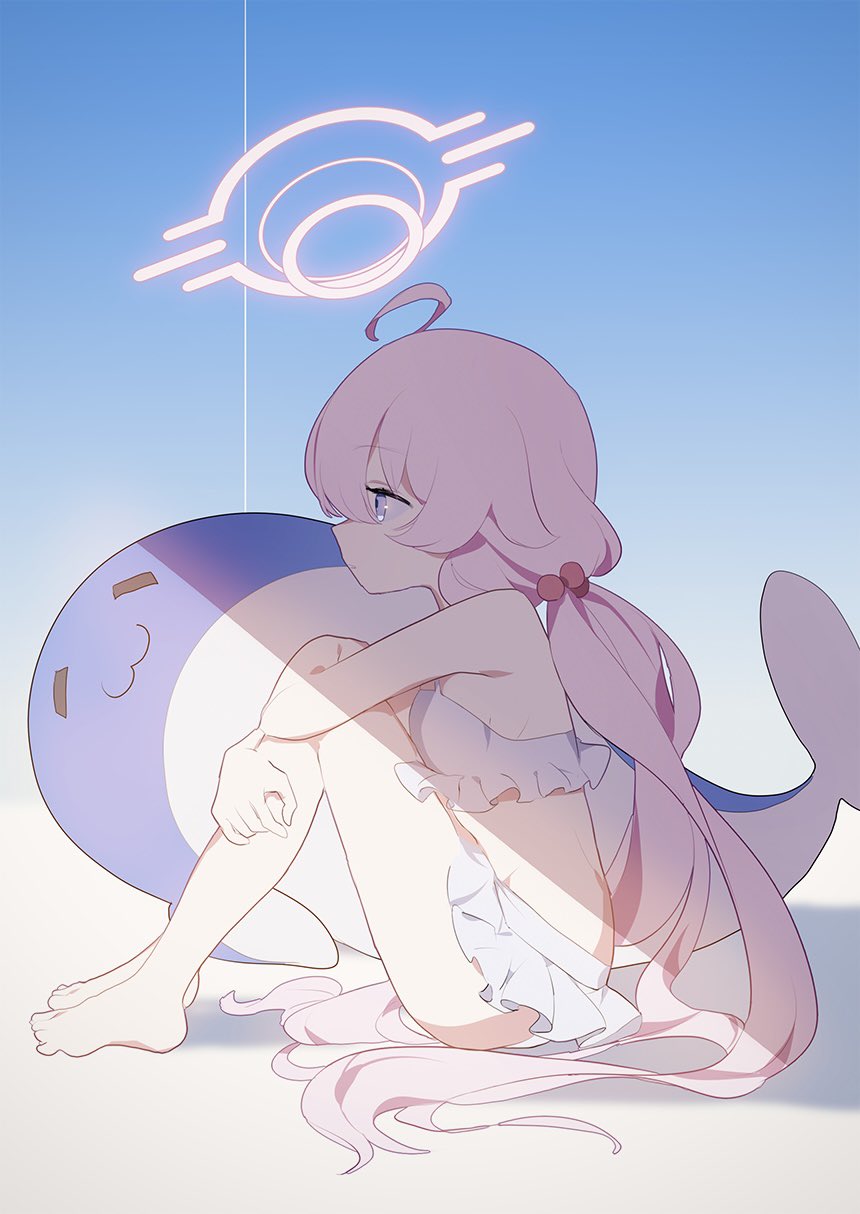 ahoge, ba_fed_kitaku, bikini, blue_archive, frilled_bikini, frills, hair_bobbles, hair_ornament, halo, highres, hoshino_(blue_archive), hoshino_(swimsuit)_(blue_archive), inflatable_dolphin, inflatable_toy, long_hair, low_twintails, official_alternate_costume, pink_hair, sitting, swimsuit, twintails, white_bikini