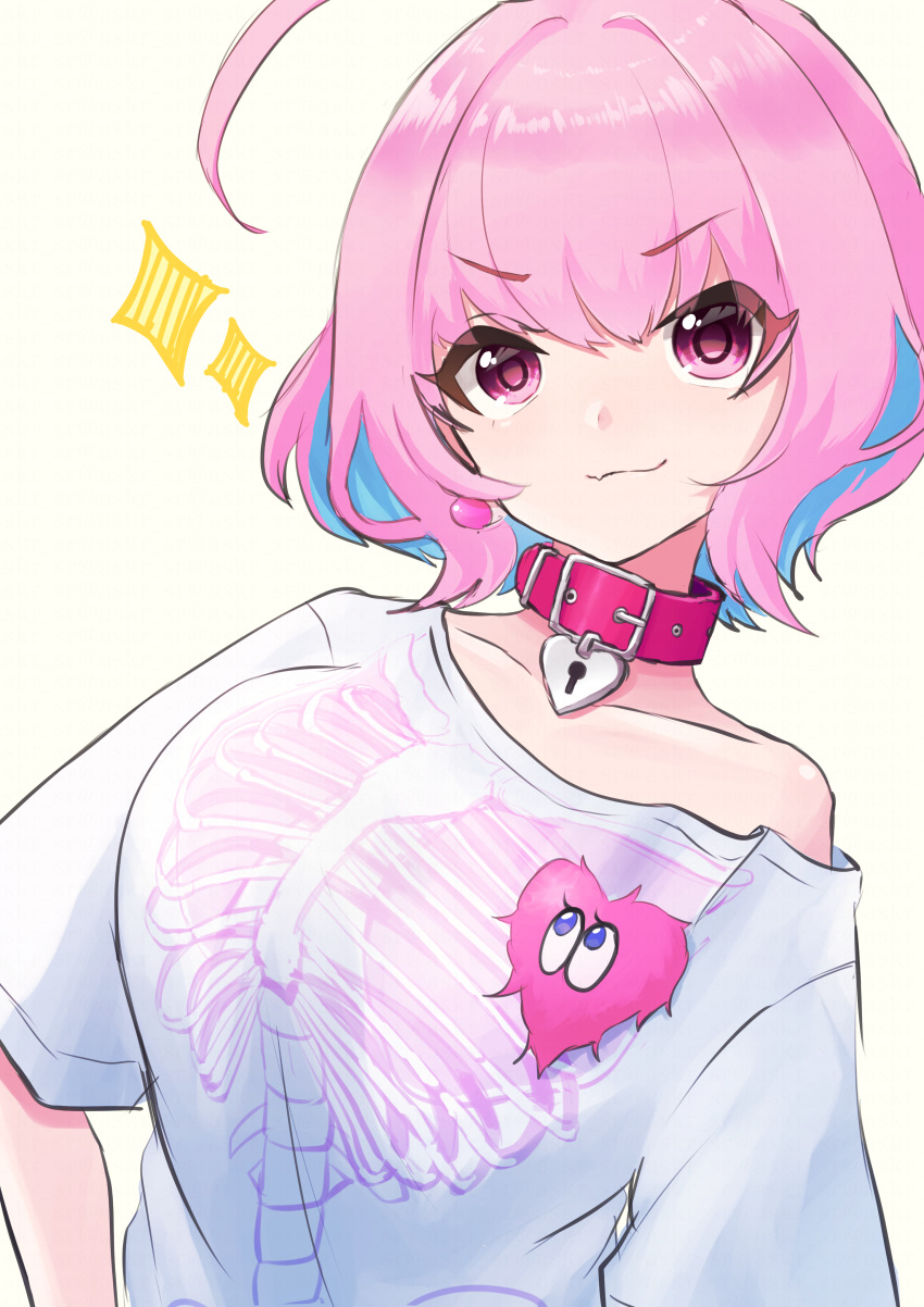 1girl, absurdres, ahoge, asakura_sara, bangs, belt_collar, blue_hair, bob_cut, breasts, collar, collarbone, colored_inner_hair, dot_nose, earrings, hair_between_eyes, hair_intakes, happy, heart, heart-shaped_lock, heart_collar, heart_on_chest, highres, idolmaster, idolmaster_cinderella_girls, idolmaster_cinderella_girls_starlight_stage, jewelry, large_breasts, looking_at_viewer, multicolored_hair, oversized_clothes, oversized_shirt, pill_earrings, pink_collar, pink_eyes, pink_hair, pink_heart, shirt, short_sleeves, simple_background, single_bare_shoulder, single_earring, skeleton_print, sketch, solo, sparkle, t-shirt, two-tone_hair, upper_body, v-shaped_eyebrows, white_shirt, yumemi_riamu