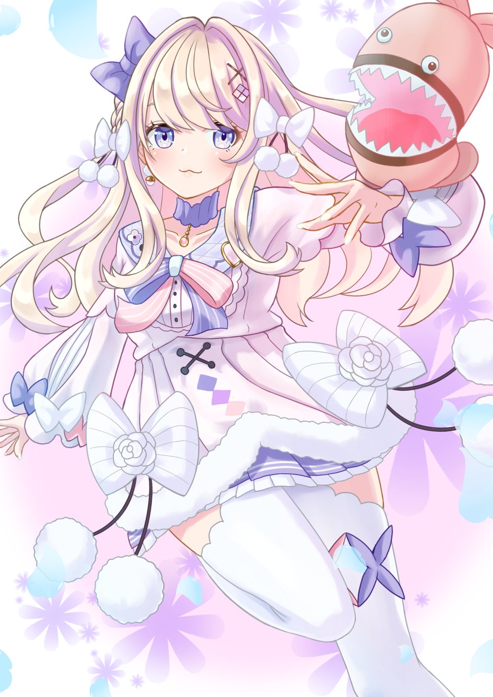 1girl, :3, bangs, blue_bow, blue_choker, blue_eyes, blue_ribbon, blue_skirt