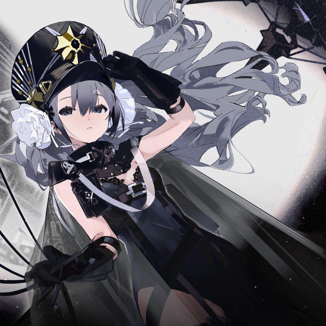 1girl, belt, black_belt, black_cape, black_dress, black_eyes, black_gloves, black_headwear, cable, cape, closed_mouth, dress, floating_hair, gloves, grey_hair, hair_ornament, hand_on_headwear, hat, holding, holding_cable, long_hair, looking_at_viewer, mist_sequence, peaked_cap, utility_belt, very_long_hair, yukuso_(dabiandang)