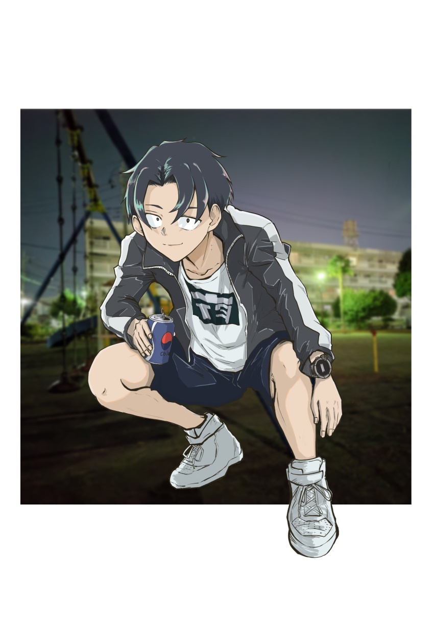 1boy, absurdres, asagaya_(colcol), black_eyes, black_hair, black_jacket, blurry, blurry_background, can, commentary, drink, highres, holding, holding_drink, jacket, long_sleeves, male_focus, outdoors, photo_background, print_shirt, shirt, shoes, short_hair, shorts, sneakers, soda_can, solo, squatting, watch, watch, white_footwear, yamori_kou, yofukashi_no_uta