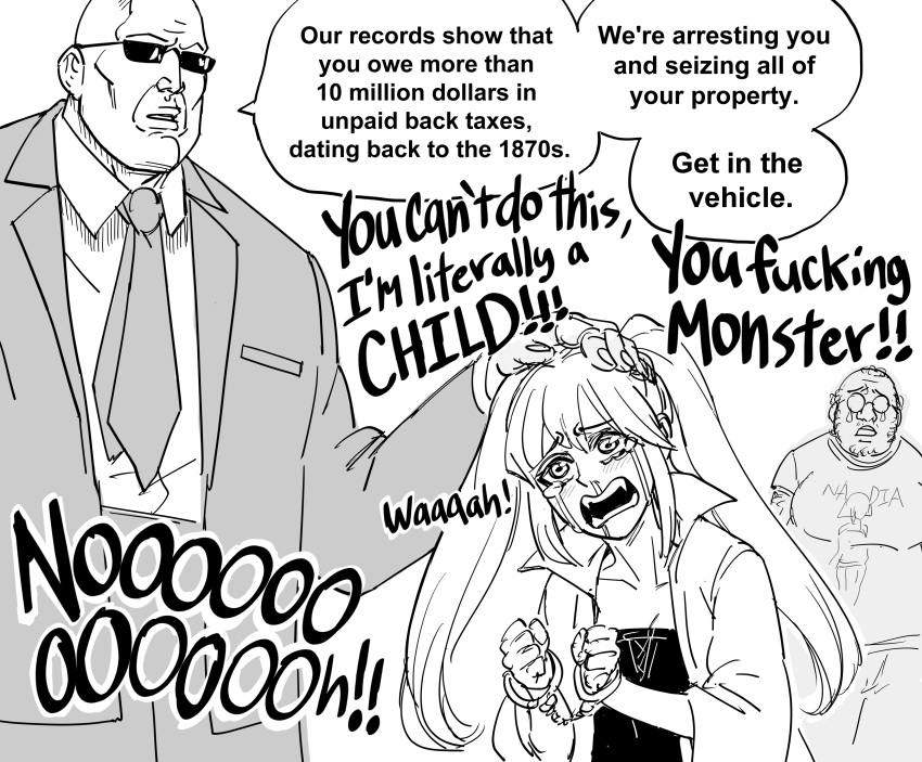 1girl, 2boys, absurdres, arm_hair, arrest, bald, bb_(baalbuddy), beard, black_dress, crying, crying_with_eyes_open, cuffs, dress, english_text, facial_hair, fat, fat_man, formal, glasses, handcuffs, highres, irs, italy, left-to-right_manga, multiple_boys, necktie, original, profanity, suit, sunglasses, tears, twintails, vampire