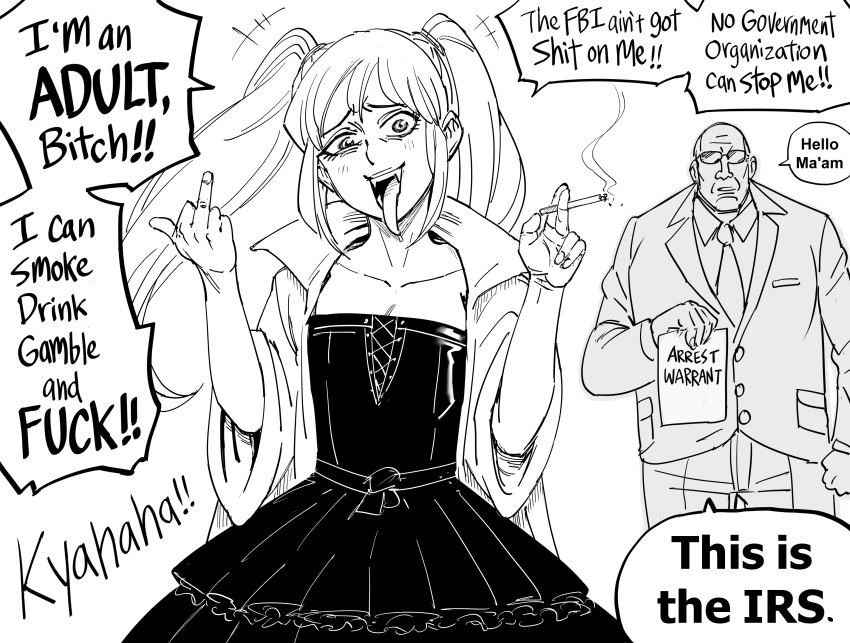 1boy, 1girl, absurdres, bald, bb_(baalbuddy), black_dress, cigarette, dress