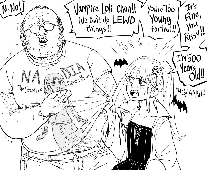 1boy, 1girl, absurdres, anger_vein, angry, arm_hair, bat_(animal), bb_(baalbuddy)