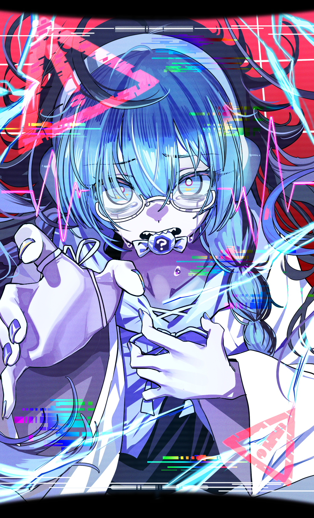!, ado_(singer), blue_eyes, blue_hair, blue_ribbon, blue_shirt, braid, candy