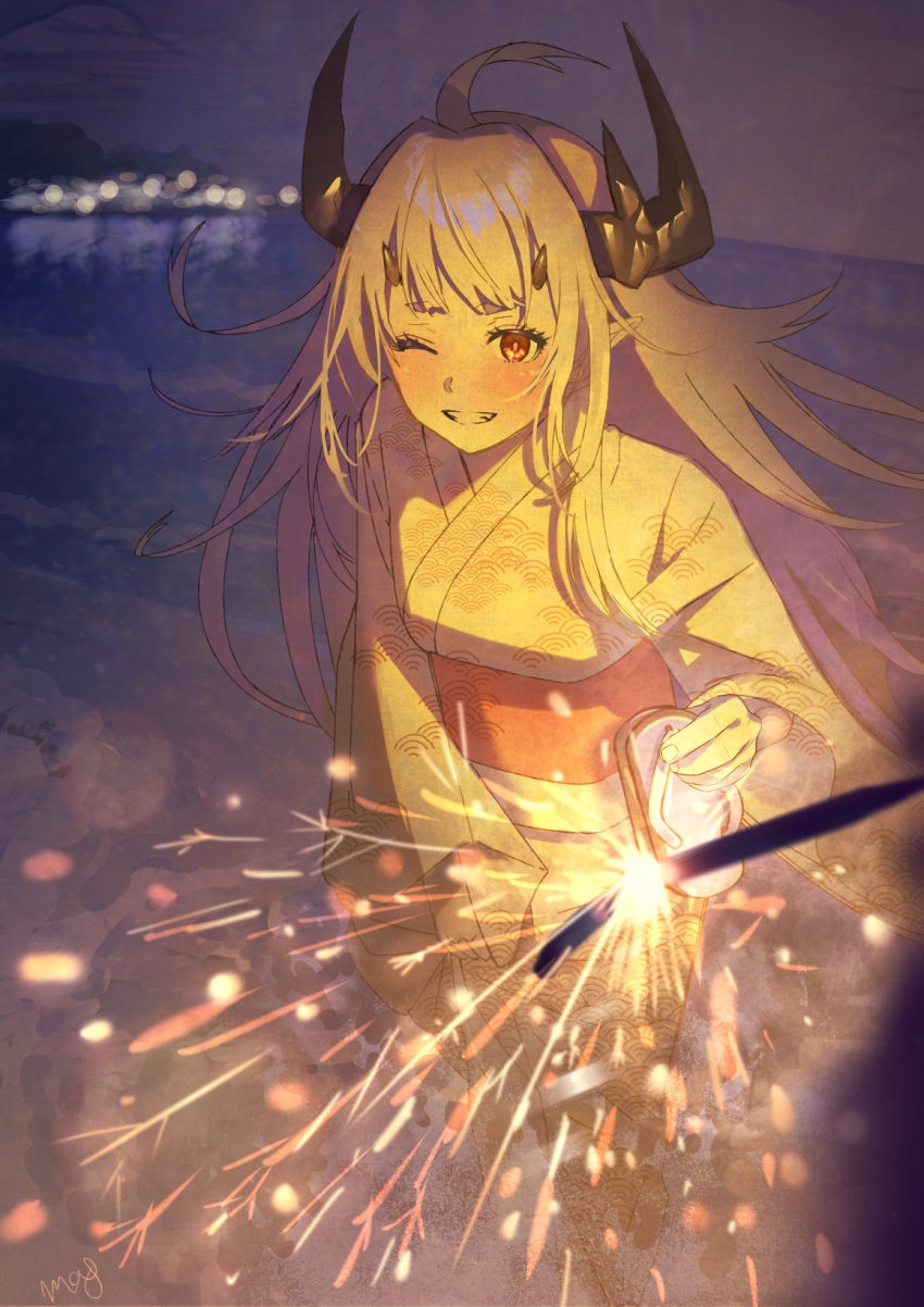 1girl, ;d, ahoge, alternate_costume, arknights, beach, blush, breasts, feet_out_of_frame, fireworks, grey_hair, grin, highres, holding, holding_shoes, horizon, horns, japanese_clothes, kimono, long_hair, long_sleeves, matoimaru_(arknights), medium_breasts, night, obi, ocean, one_eye_closed, parted_lips, red_eyes, sandals, sash, shoes, signature, smile, solo_focus, sparkler, standing, very_long_hair, wanko_(realsight), white_kimono, wide_sleeves