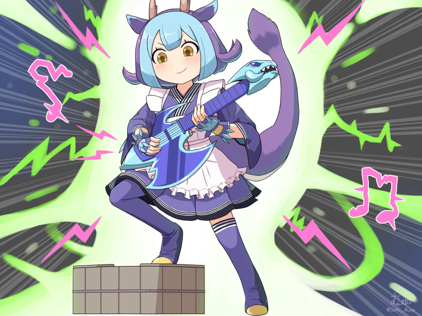1girl, absurdres, apron, bangs, blue_footwear, blue_gloves, blue_hair, blue_kimono, blunt_bangs, blush, boots, brown_eyes, closed_mouth, commentary_request, dragon_girl, dragon_horns, dragon_tail, duel_monster, electric_guitar, fingerless_gloves, full_body, gameplay_mechanics, gloves, guitar, highres, holding, holding_instrument, horns, instrument, japanese_clothes, kimono, lace-trimmed_apron, lace_trim, laundry_dragonmaid, leg_up, leto_mume, long_sleeves, looking_down, maid, maid_apron, multicolored_hair, music, musical_note, playing_instrument, short_hair, sidelocks, signature, smile, solo, standing, tail, thigh_boots, twitter_username, wa_maid, washtub, yu-gi-oh!, zettai_ryouiki