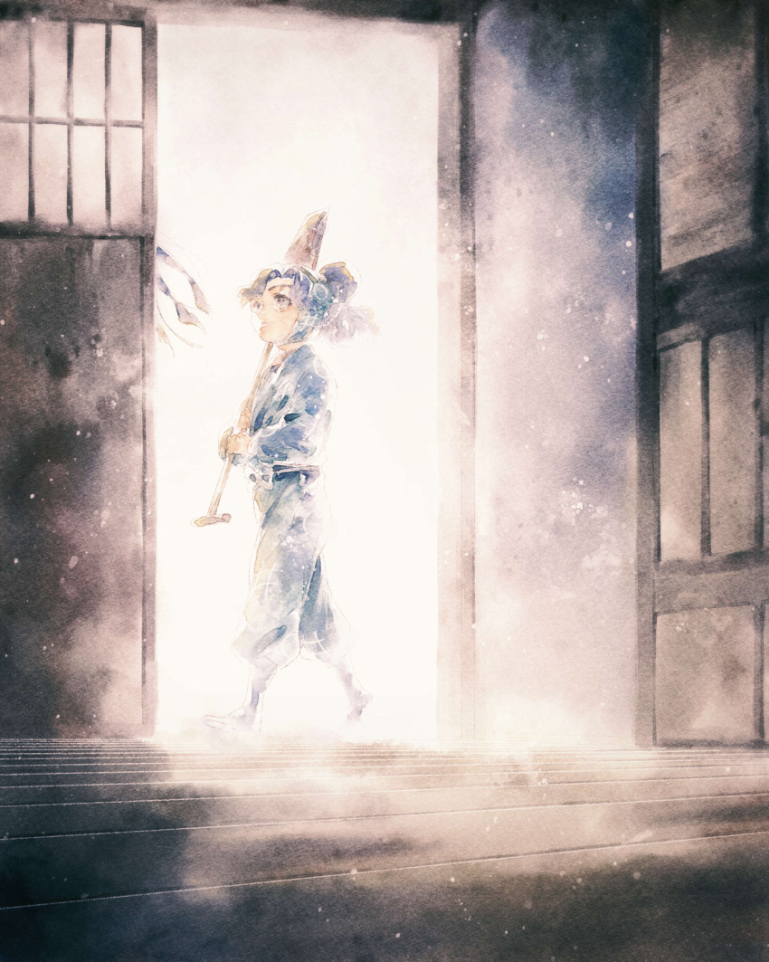 1boy, absurdres, architecture, ayabe_kihachirou, black_footwear, black_hair, blue_headwear, blue_pants