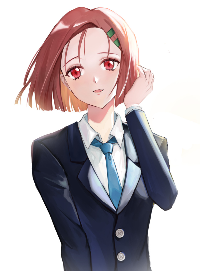 1girl, aquarzaaa, black_jacket, blazer, blue_necktie, brown_hair, hair_ornament, hairclip