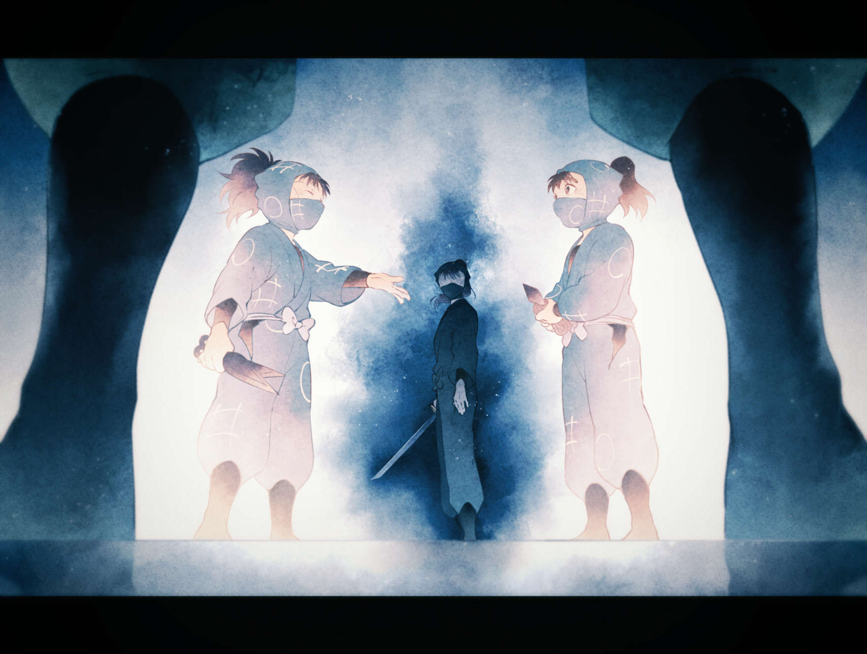 4boys, age_comparison, arm_at_side, aura, bangs, beckoning, black_footwear, black_hair